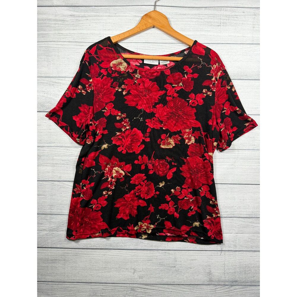 Jaclyn Smith Classic Women's Large Black Red Floral Stretch Top 4413
